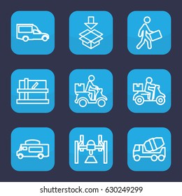 Deliver icon. set of 9 outline deliver icons such as parcel, concrete mixer, van, courier, courier on motorcycle, box