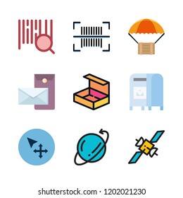 deliver icon set. vector set about mailbox, van, barcode and move icons set.