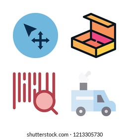 deliver icon set. vector set about move, open box, barcode and van icons set.