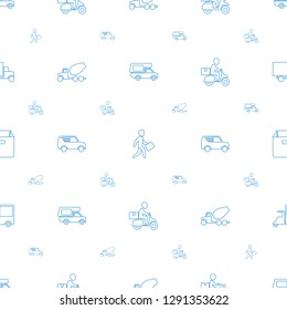 deliver icons pattern seamless white background. Included editable line van, courier, delivery bike, concrete mixer, delivery car, courier on motorcycle icons. deliver icons for web and mobile.