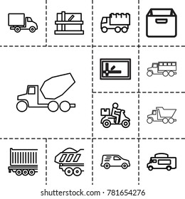 Deliver icons. set of 13 editable outline deliver icons such as parcel, truck, delivery bike, van, delivery car, cargo trailer, concrete mixer