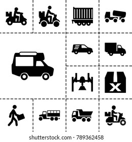 Deliver icons. set of 13 editable filled deliver icons such as truck, concrete mixer, delivery bike, van, box, question box, courier, courier on motorcycle, delivery car