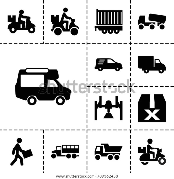 Deliver icons. set of\
13 editable filled deliver icons such as truck, concrete mixer,\
delivery bike, van, box, question box, courier, courier on\
motorcycle, delivery\
car