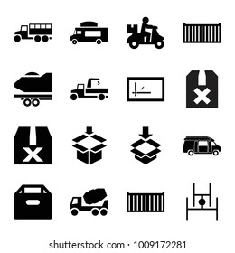 Deliver icons. set of 16 editable filled deliver icons such as concrete mixer, delivery bike, box, van, question box, cargo box, parcel, truck
