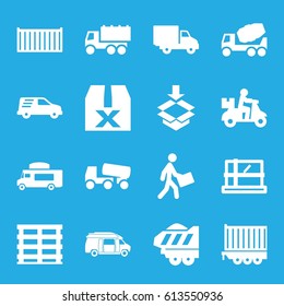 Deliver icons set. set of 16 deliver filled icons such as parcel, concrete mixer, truck, van, cargo box, courier, delivery car, cargo trailer, box, question box