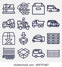 Deliver icons set. set of 16 deliver outline icons such as parcel, concrete mixer, truck, van, cargo box, box, courier on motorcycle, cargo trailer