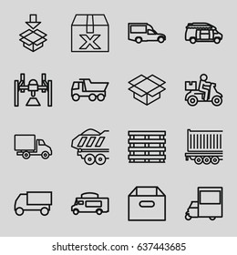 Deliver icons set. set of 16 deliver outline icons such as truck, van, cargo box, box, delivery car, cargo trailer, delivery bike