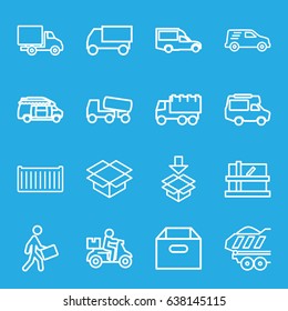 Deliver icons set. set of 16 deliver outline icons such as parcel, truck, concrete mixer, van, cargo box, box, courier, delivery car, cargo trailer