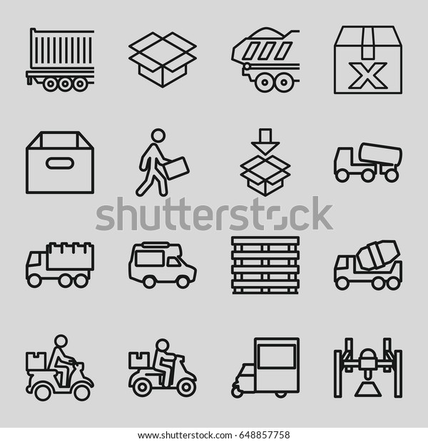 Deliver icons set. set of 16\
deliver outline icons such as concrete mixer, truck, van, cargo\
box, box, courier, courier on motorcycle, cargo trailer, delivery\
bike