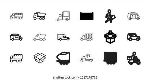 Deliver icons. set of 18 editable outline deliver icons: truck, van, box, concrete mixer, cargo box, courier, courier on motorcycle, delivery car