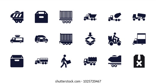 Deliver icons. set of 18 editable filled deliver icons: truck, concrete mixer, box, van, courier, courier on motorcycle, cargo trailer