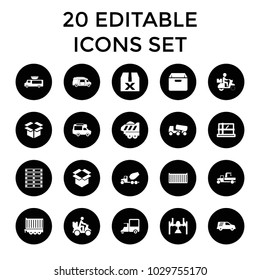 Deliver icons. set of 20 editable filled deliver icons such as parcel, concrete mixer, van, box, question box, cargo box. best quality deliver elements in trendy style.