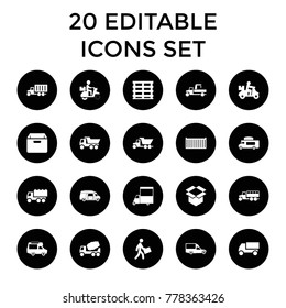 Deliver icons. set of 20 editable filled deliver icons such as concrete mixer, truck, delivery bike, van, cargo box, box. best quality deliver elements in trendy style.