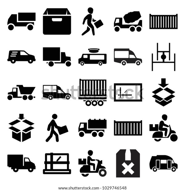 Deliver icons. set of 25\
editable filled deliver icons such as parcel, concrete mixer,\
truck, van, cargo box, courier, delivery car, box, delivery bike,\
question box