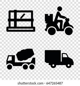 Deliver icons set. set of 4 deliver filled icons such as parcel, concrete mixer, courier on motorcycle