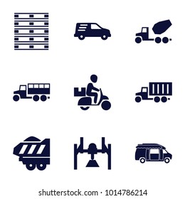 Deliver icons. set of 9 editable filled deliver icons such as van, box, delivery car, cargo trailer, concrete mixer, truck, cargo box