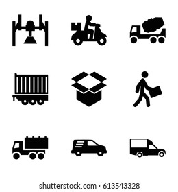 Deliver icons set. set of 9 deliver filled icons such as concrete mixer, truck, van, box, courier, delivery car, cargo trailer