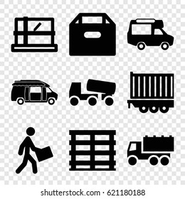 Deliver icons set. set of 9 deliver filled icons such as parcel, truck, concrete mixer, van, cargo box, courier, cargo trailer