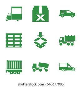 Deliver icons set. set of 9 deliver filled icons such as truck, concrete mixer, van, cargo box, delivery car, cargo trailer, box
