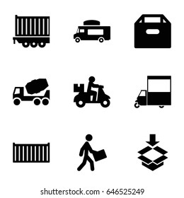 Deliver icons set. set of 9 deliver filled icons such as concrete mixer, van, cargo box, courier, cargo trailer, box