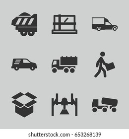 Deliver icons set. set of 9 deliver filled icons such as parcel, truck, concrete mixer, van, box, courier, delivery car
