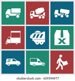 Deliver icons set. set of 9 deliver filled icons such as concrete mixer, truck, van, courier, delivery car, cargo trailer