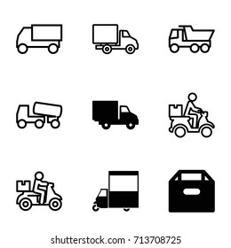 Deliver icons set. set of 9 deliver filled and outline icons such as van, delivery car, truck, concrete mixer, courier on motorcycle, box