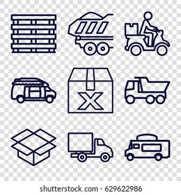 Deliver icons set. set of 9 deliver outline icons such as truck, van, cargo box, box, courier on motorcycle, delivery car, cargo trailer