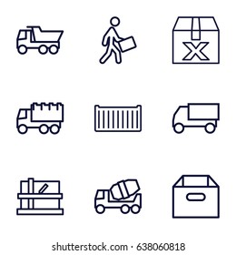 Deliver icons set. set of 9 deliver outline icons such as parcel, concrete mixer, truck, cargo box, courier, box