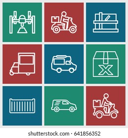 Deliver icons set. set of 9 deliver outline icons such as parcel, van, cargo box, courier on motorcycle, delivery car, delivery bike, box