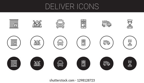 deliver icons set. Collection of deliver with crate, mobile phone, van, delivery truck, postman. Editable and scalable deliver icons.