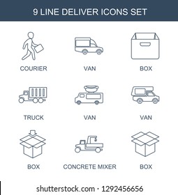 deliver icons. Trendy 9 deliver icons. Contain icons such as courier, van, box, truck, concrete mixer. deliver icon for web and mobile.