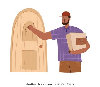 Deliver knocking door, food delivery flat cartoon vector illustration. Man in cap with box in hands, courier holding deliver package with fastfood pizza or snacks. Grocery package delivery