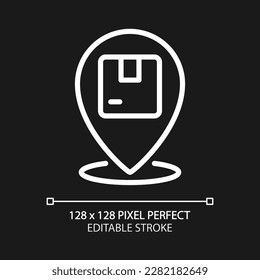 Icono lineal blanco perfecto para el tema oscuro. Servicio de mensajería. Envío de paquetes. Ilustración de línea delgada. Símbolo aislado para el modo nocturno. Trazo editable. Tipo de letra arial utilizado