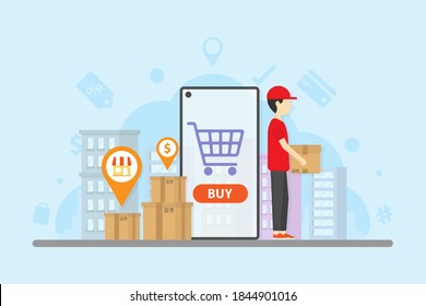 Deliver man holding box and smartphone open shopping online application. Store and dollar symbol in pin floating on boxes. City scape background with payment icons around. Transportation concept. 