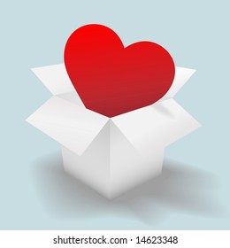 Entregar un corazón abierto en una caja de envío limpia y blanca; una valentina o símbolo de amor y romance.