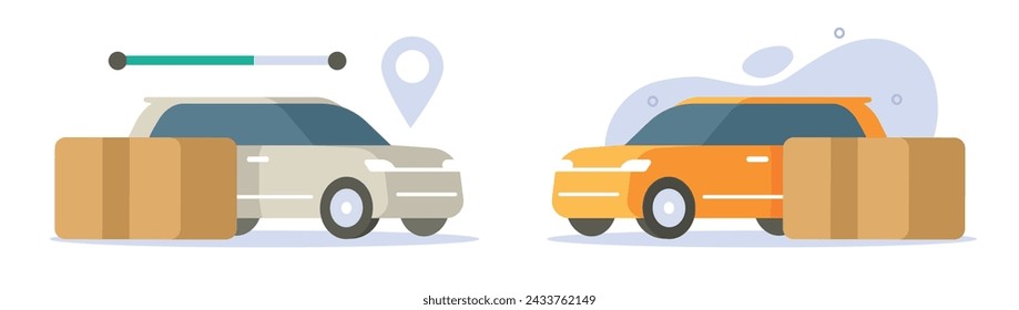 Deliver package parcel car service by local taxi auto icon vector flat cartoon graphic illustration, small cargo freight shipment transport pick up driver image modern design clipart