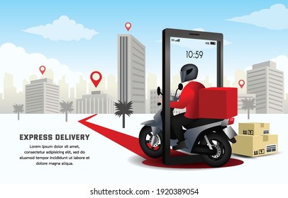 Deliver the parcel by motorcycle. Express delivery service by mobile app. fast way to ship an item. Illustration decorated with , box, building, tree, sky. motorbike driver through smartphone.  