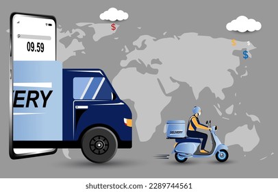 Deliver the parcel by motorcycle. Express delivery service by mobile app. 
fast way to ship an item. Illustration decorated with , box, building, tree, sky. 
motorbike driver through smartphone.