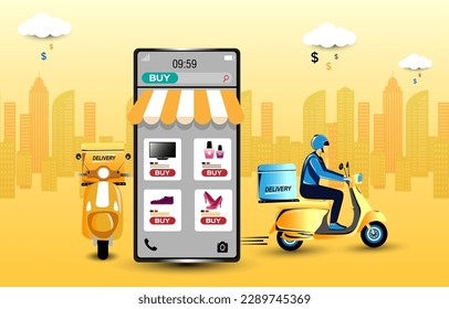 Deliver the parcel by motorcycle. Express delivery service by mobile app. 
fast way to ship an item. Illustration decorated with , box, building, tree, sky. 
motorbike driver through smartphone.