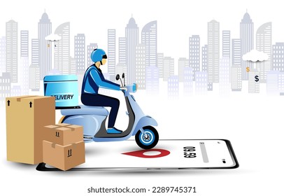 Deliver the parcel by motorcycle. Express delivery service by mobile app. 
fast way to ship an item. Illustration decorated with , box, building, tree, sky. 
motorbike driver through smartphone.