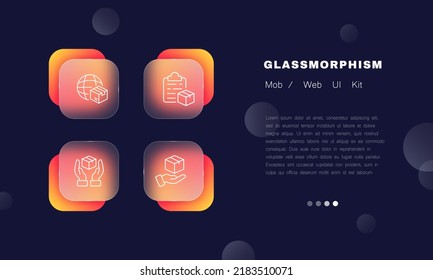 Deliver parcels set icon. Worldwide, planet, hand holding a box, package, invoice, clipboard, document. Logistics concept. Glassmorphism style. Vector line icon for Business and Advertising.