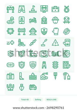 Deliver pixel-consistent visuals with 45 Bold Line icons designed for Safety, easy to export.