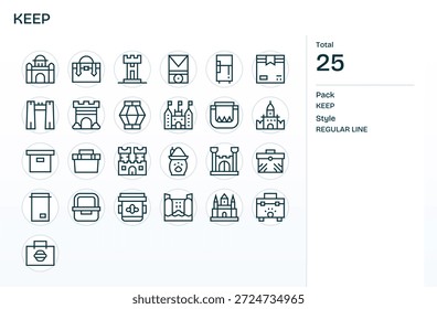 Deliver polished results with 25 Regular Line icons grounded in Keep, engineered for clarity.