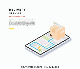 Deliver service application on smartphone. Order delivery online tracking.  Vector isometric illustration.