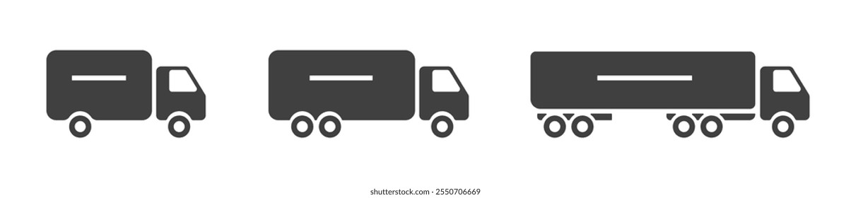 Deliver truck lorry long small and big icon vector simple silhouette shape graphic illustration set, shipping commercial semi van vehicle sign isolated cut out image clip art, courier auto car 