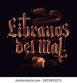 deliver us from evil, golden lettering with snake with Eden´s apple, vector art illustration.