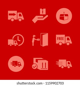 deliver vector icons set. with courier gives parcel, hand parcel, parcel box and fast delivery truck in set