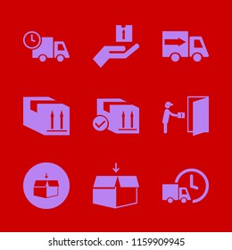 deliver vector icons set. with hand parcel, courier gives parcel, open box and fast delivery truck in set