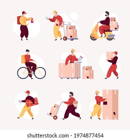 Deliver workers. Delivery services warehouse guy packing movers postman with boxes safety containers garish vector illustrations flat style
